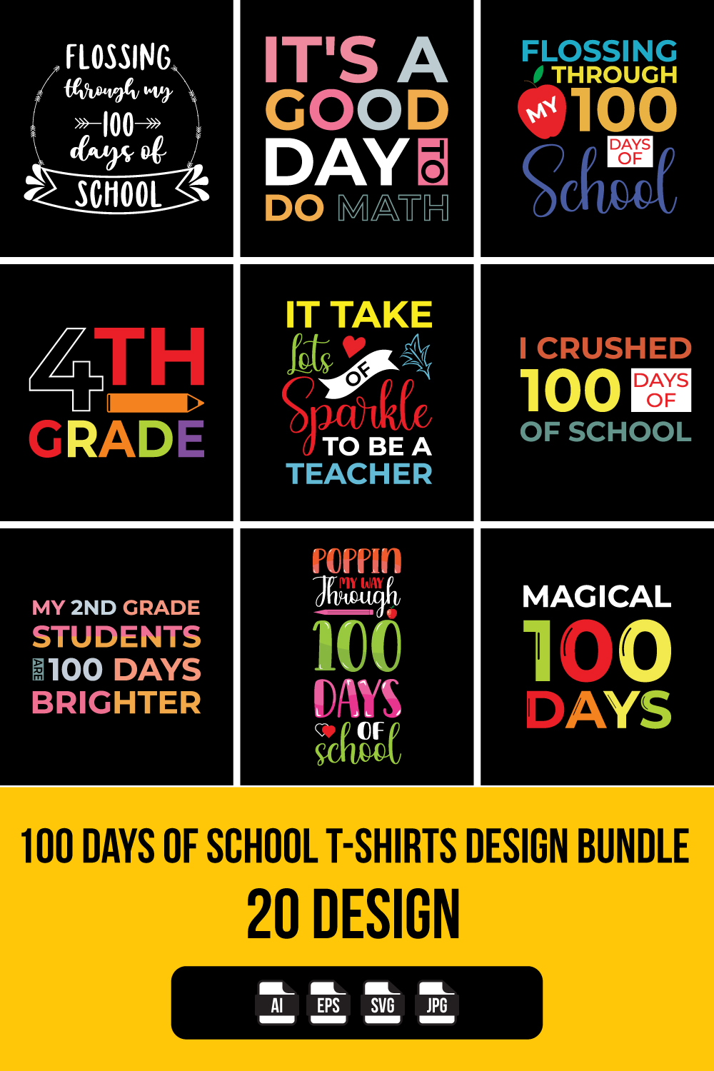 100 Days of School T-Shirts Design Bundle pinterest preview image.