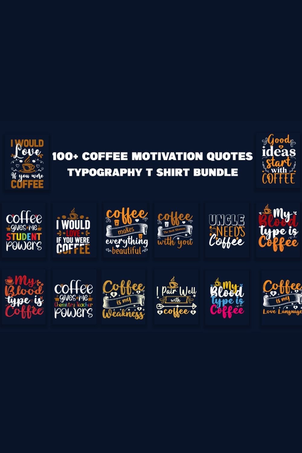 Coffee Quotes Typography T-Shirt Bundle pinterest preview image.