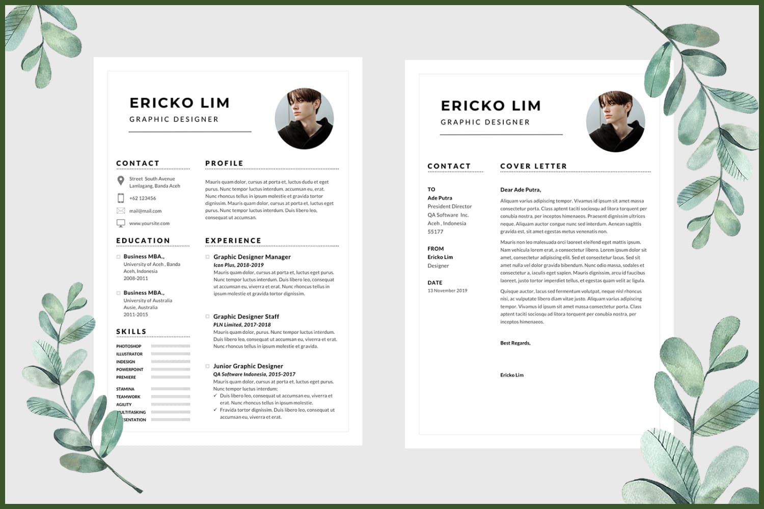 Two pages of a resume with a cover letter framed by green twigs.