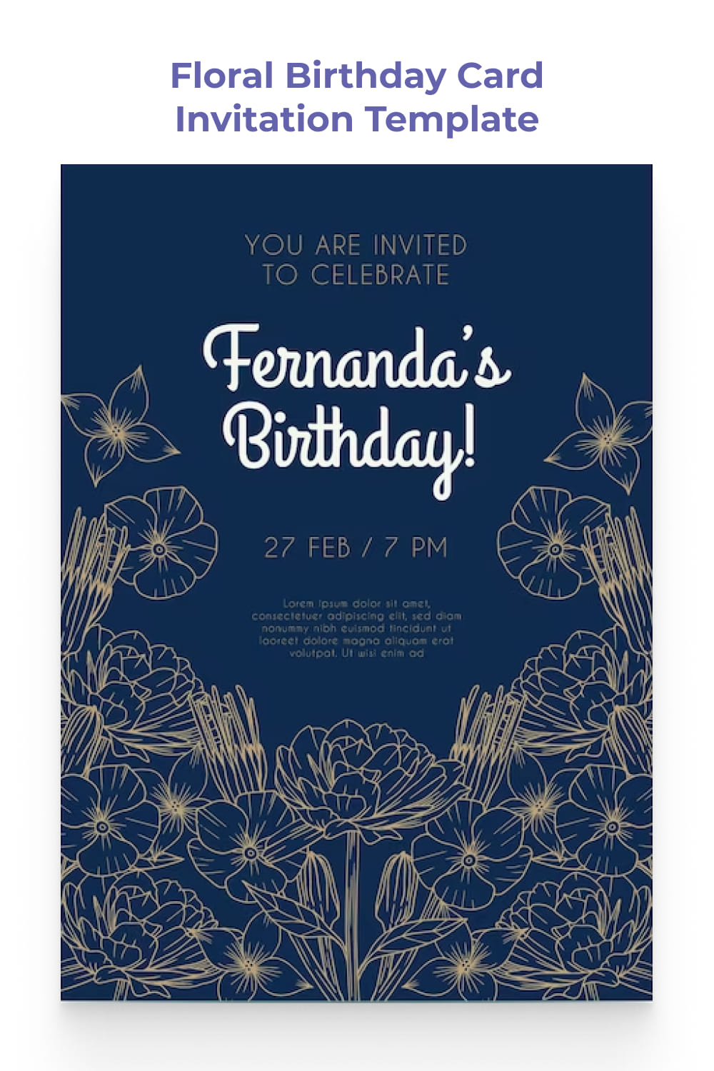 Birthday invitation with drawings of flowers on a blue background.