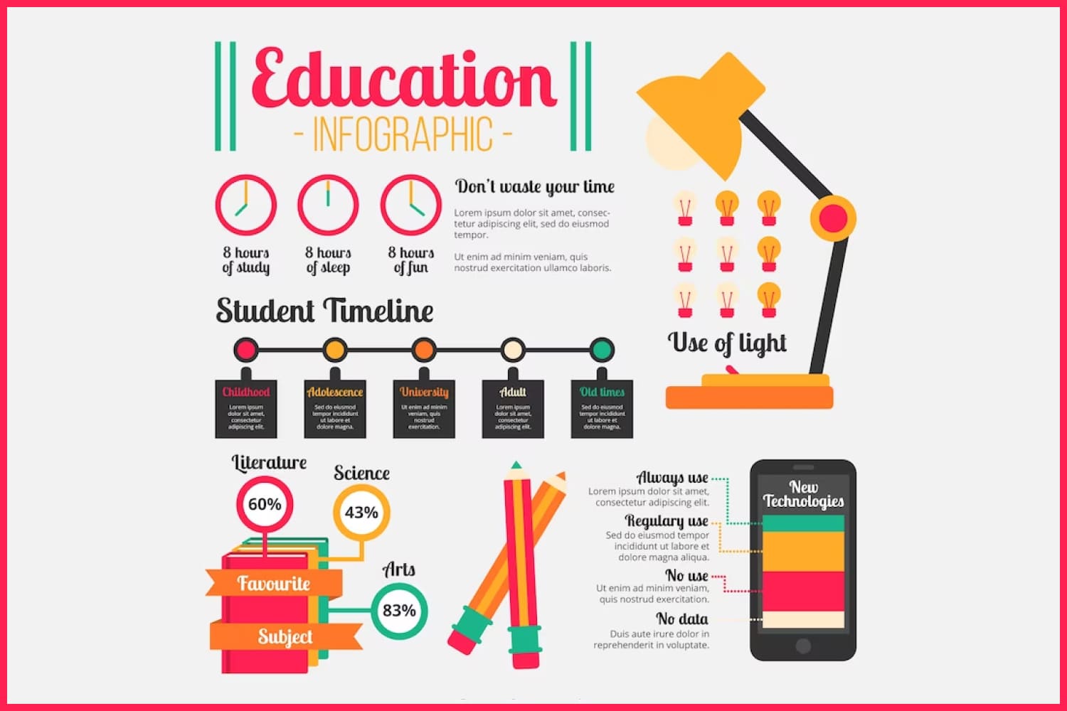 Collage of diagrams of different colors in the form of light bulbs, pencils, clocks.