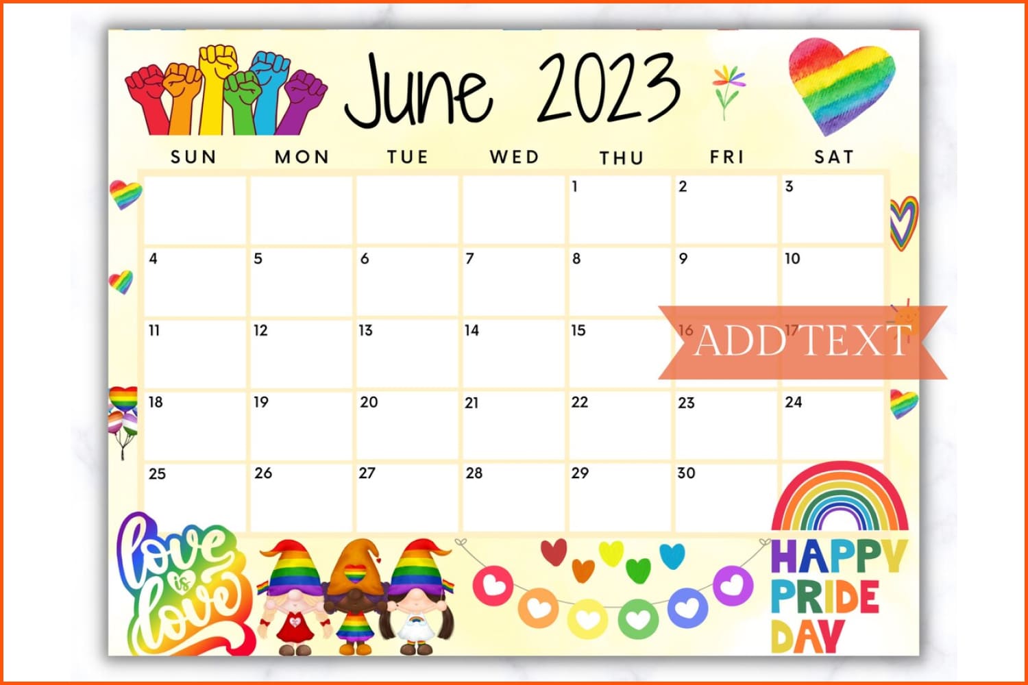 June calendar with gnome pattern and rainbow colored stickers.