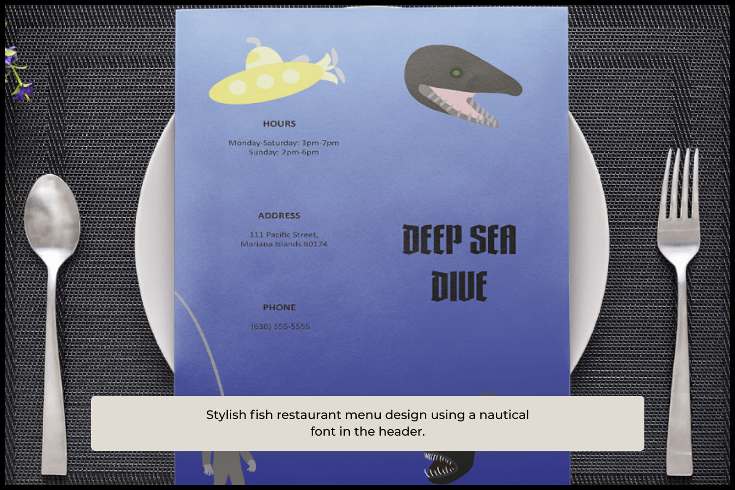 Stylish fish restaurant menu design using a nautical font in the header.
