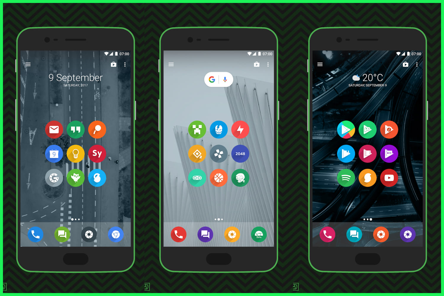 Collage of three smartphones with icons on them.