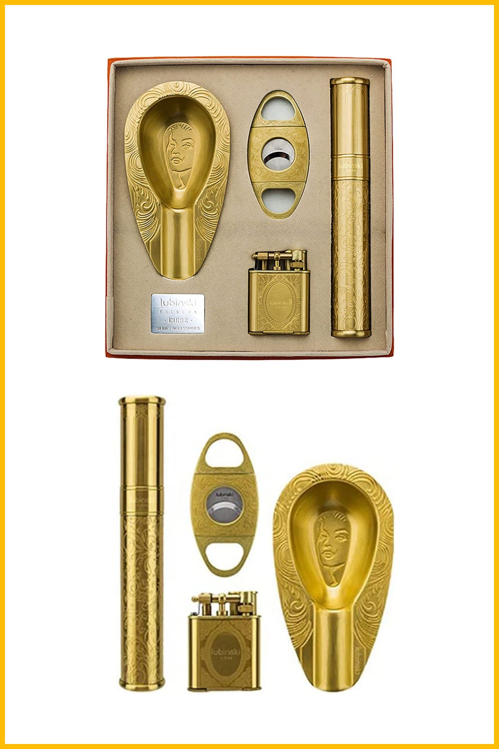 A set of accessories in gold color for cigars.