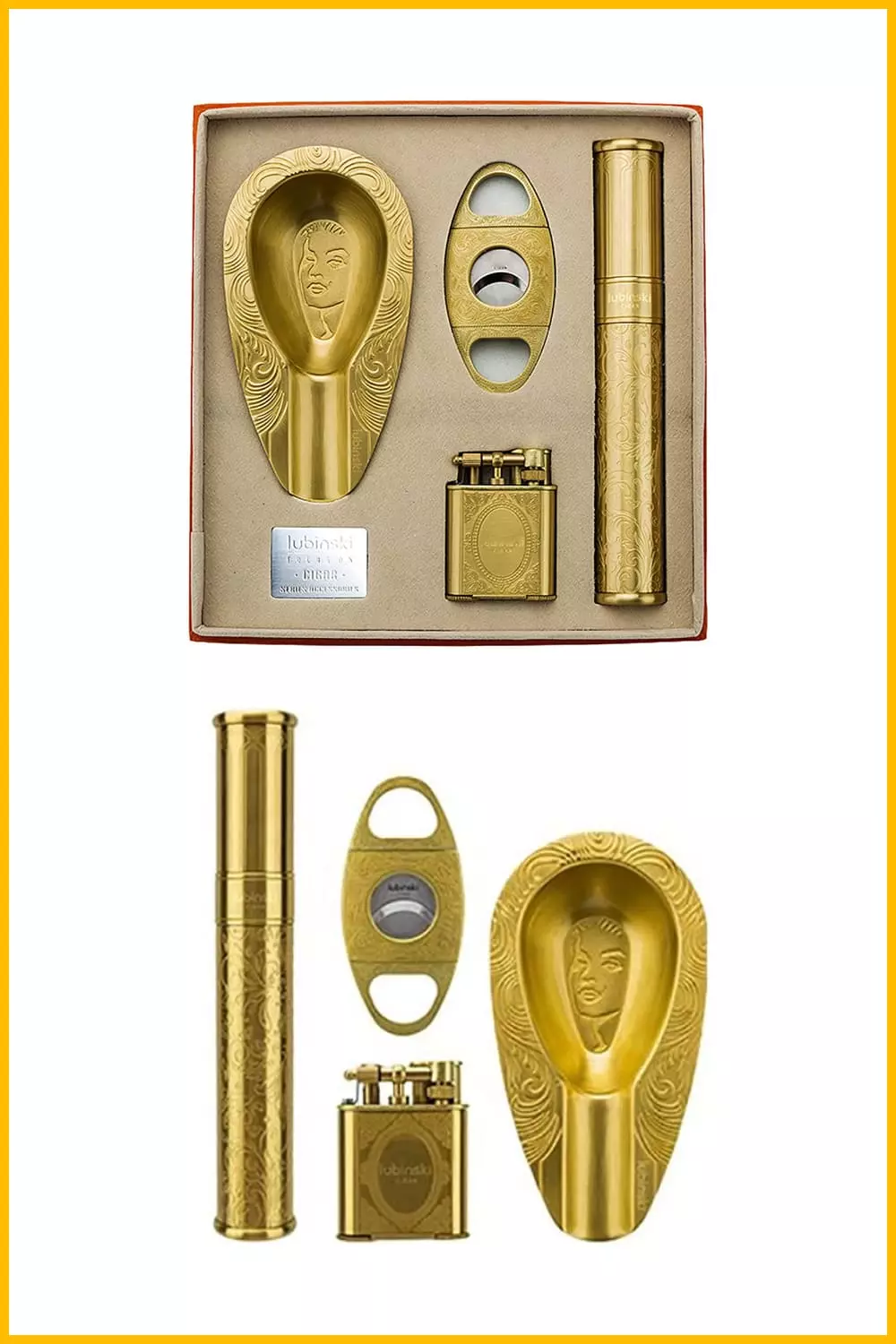 A set of accessories in gold color for cigars.