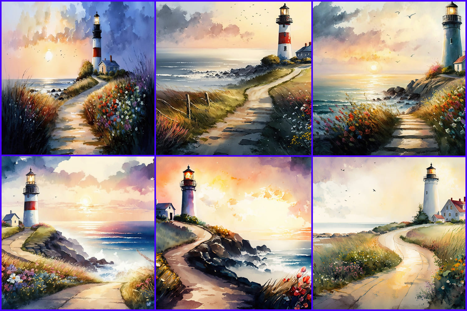 A collage of drawings of different lighthouses, to which paths lead.