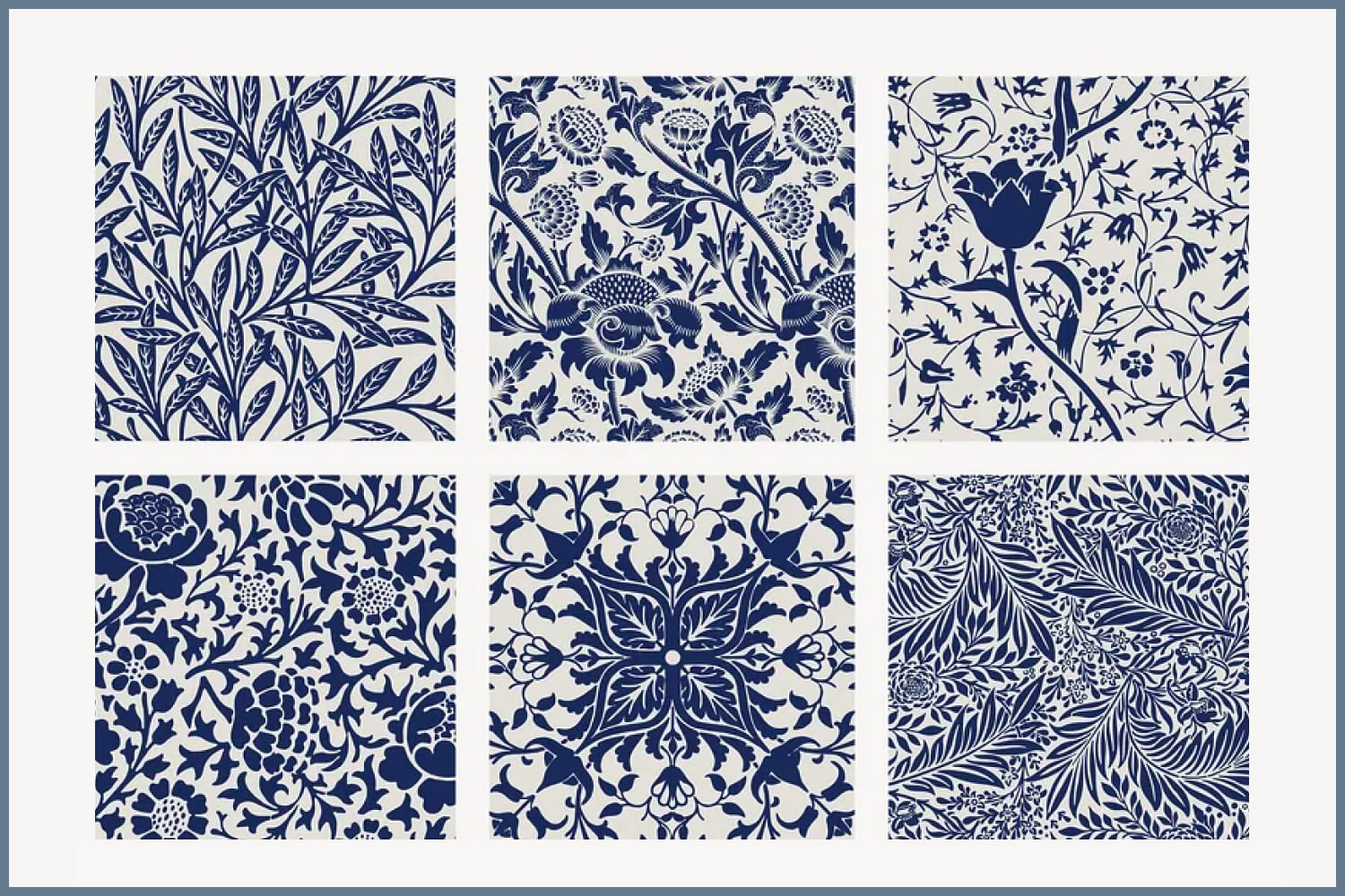 Collage of blue patterns with drawings of flowers and leaves.