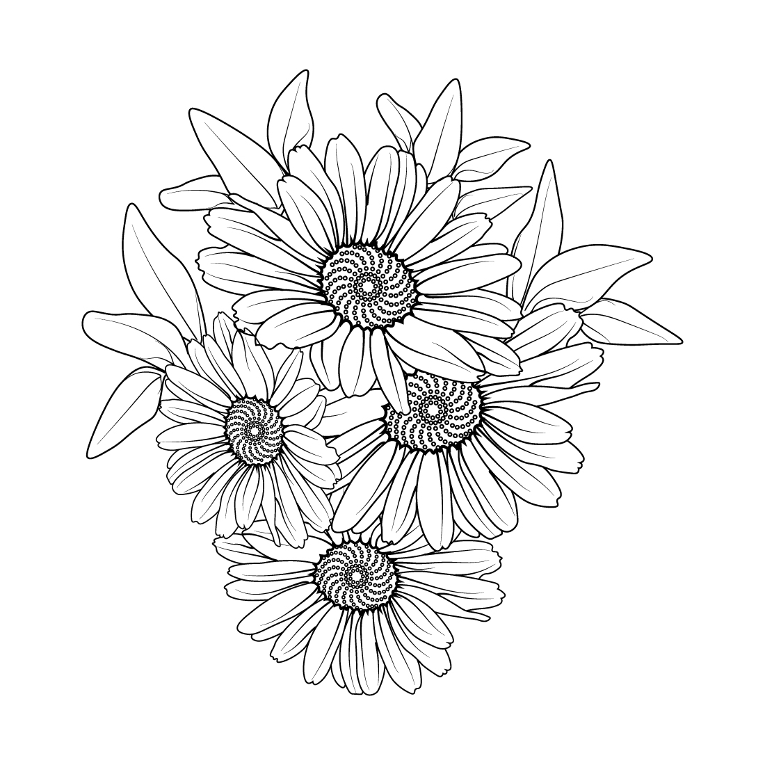 Daisy flwoer line art, daisy floewr line art bouquet, gerbara daisy drawing preview image.