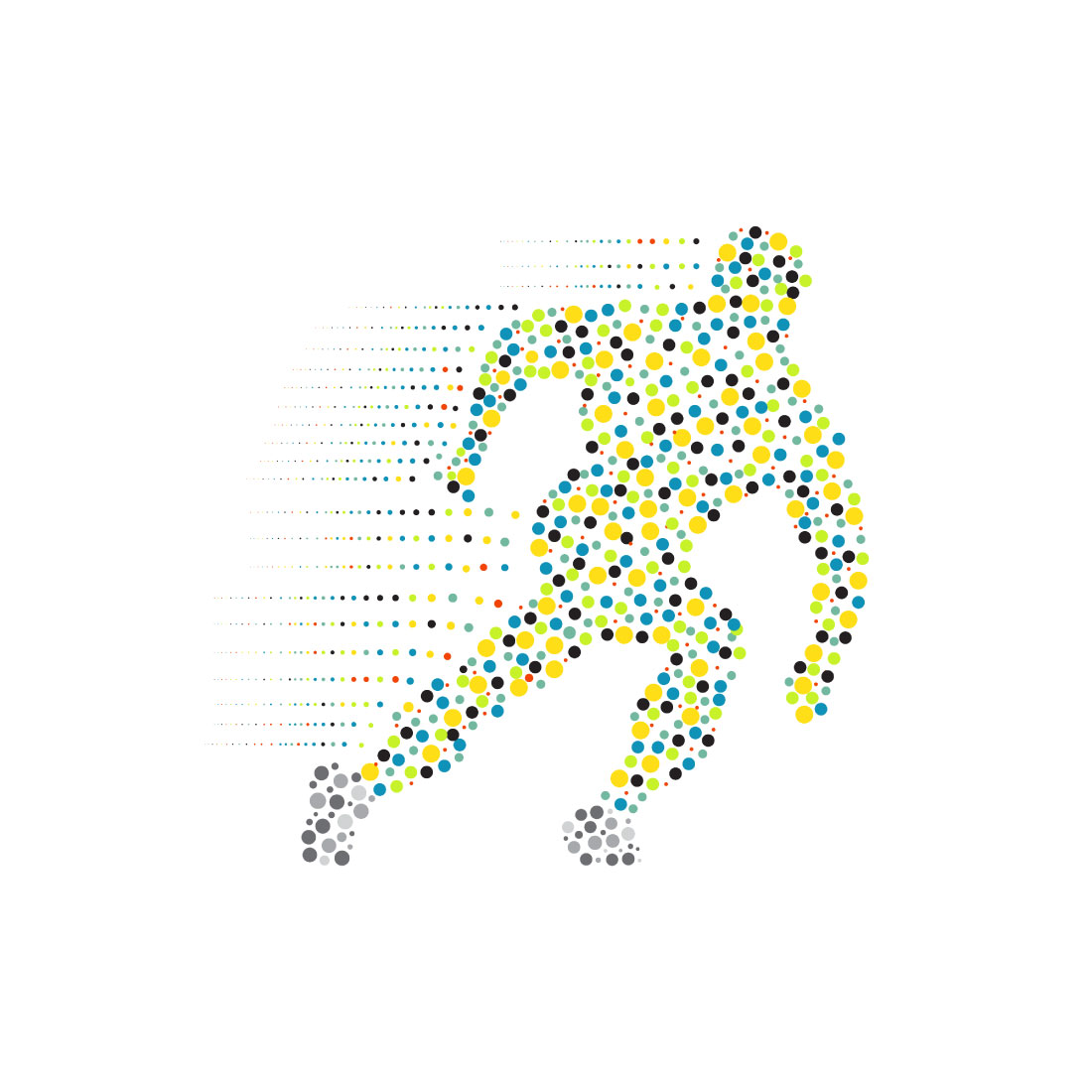 Speedy person composed of colored dots, vector illustration preview image.