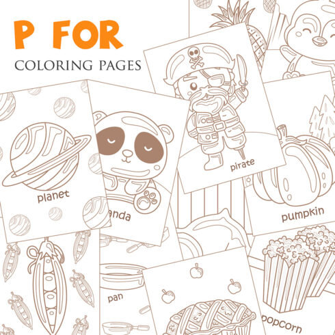 Alphabet P For Vocabulary School Letter Reading Writing Font Study Learning Student Toodler Kids Cartoon Pirate Planet Pumpkin Pineapple Penguin Pie Popcorn Pencil Pillow Panda Pea Pan Coloring Pages for Kids and Adult cover image.