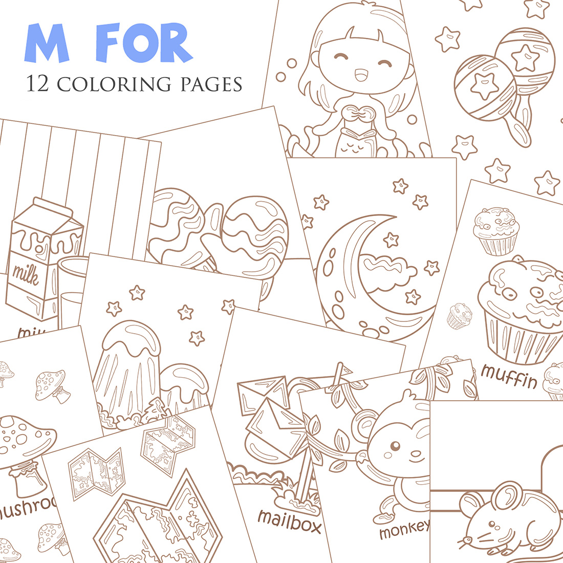 Alphabet M For Vocabulary School Letter Reading Writing Font Study Learning Student Toodler Kids Cartoon Mouse Monkey Mermaid Mountain Milk Mushroom Mittens Mailbox Moon Maracas Muffin Map Coloring Pages for Kids and Adult cover image.