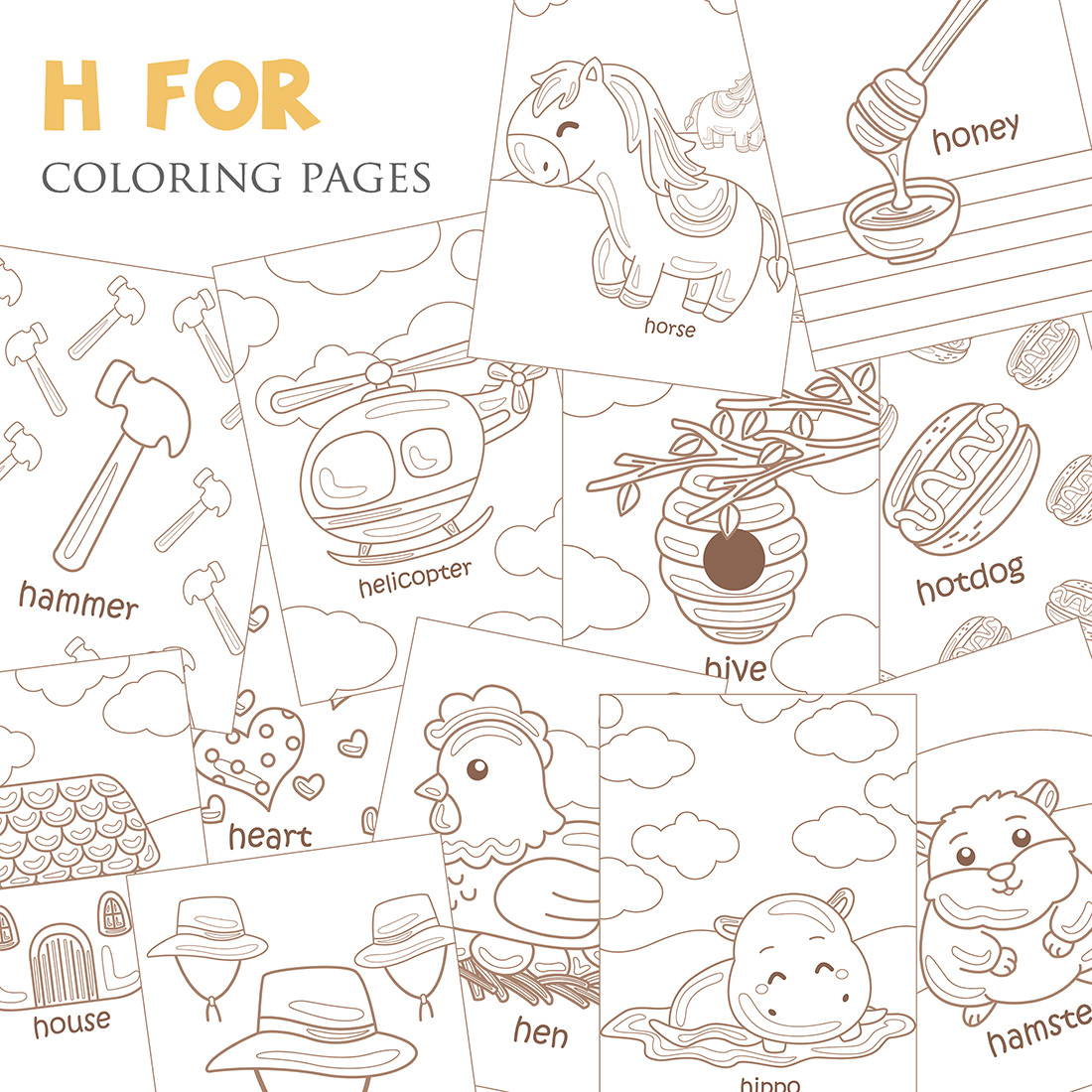 Alphabet H For Vocabulary School Letter Reading Writing Font Study Learning Student Toodler Kids Hive Hamster Heart Honey Horse House Hat Hotdog Hippo Helicopter Hen Cartoon Coloring Pages for Kids and Adult cover image.