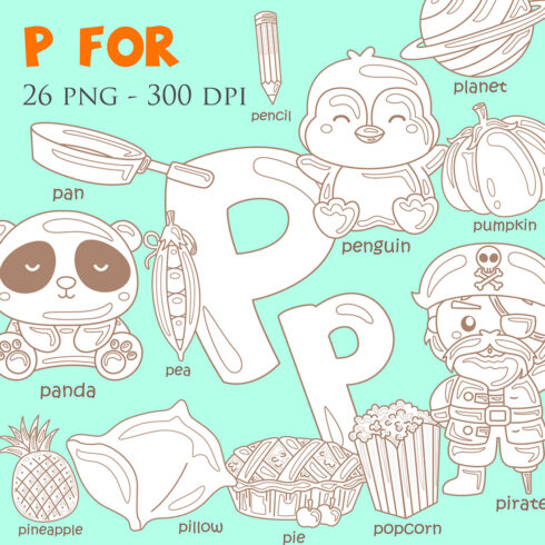 Alphabet P For Vocabulary School Letter Reading Writing Font Study Learning Student Toodler Kids Cartoon Pirate Planet Pumpkin Pineapple Penguin Pie Popcorn Pencil Pillow Panda Pea Pan Digital Stamp Outline Black and White cover image.