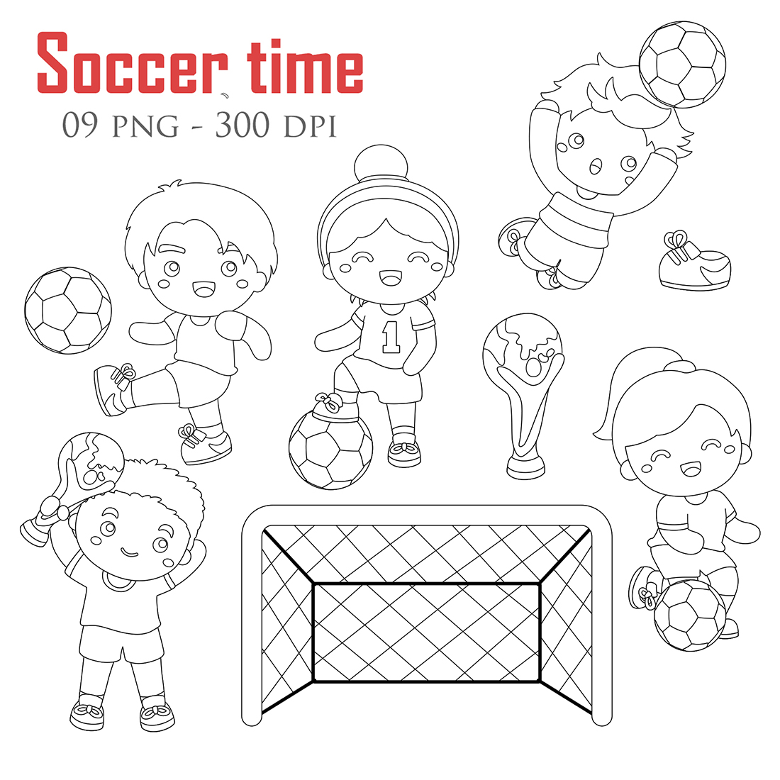 Fun Kids Playing Soccer Football Time Sport Tournament Activity School Outdoor Digital Stamp Outline cover image.