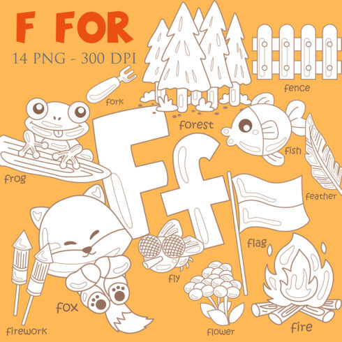 Alphabet F For Vocabulary School Letter Reading Writing Font Study Learning Student Toodler Kids Feather Fly Fence Fork Frog Fox Fire Flag Flower Fish Forest Firework Cartoon Digital Stamp Outline cover image.