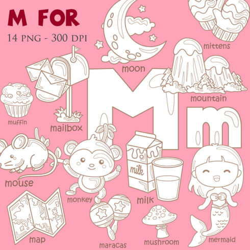 Alphabet M For Vocabulary School Letter Reading Writing Font Study Learning Student Toodler Kids Cartoon Mouse Monkey Mermaid Mountain Milk Mushroom Mittens Mailbox Moon Maracas Muffin Map Digital Stamp Outline Black and White cover image.