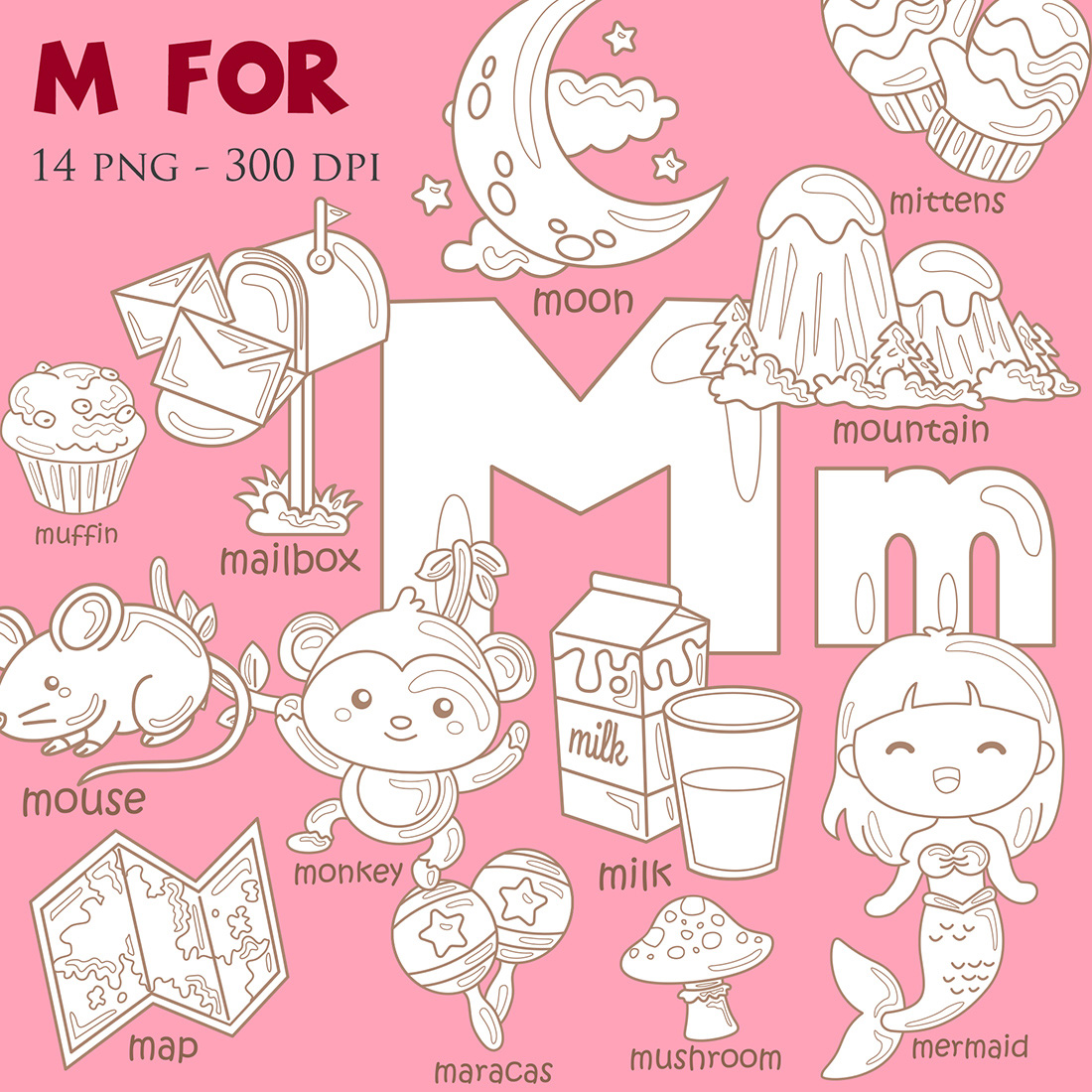 Alphabet M For Vocabulary School Letter Reading Writing Font Study Learning Student Toodler Kids Cartoon Mouse Monkey Mermaid Mountain Milk Mushroom Mittens Mailbox Moon Maracas Muffin Map Digital Stamp Outline Black and White cover image.