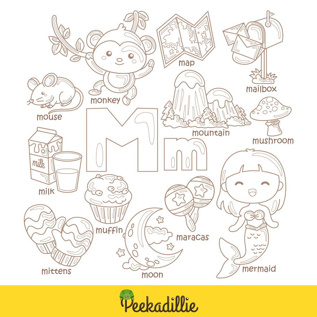Alphabet M For Vocabulary School Letter Reading Writing Font Study Learning Student Toodler Kids Cartoon Mouse Monkey Mermaid Mountain Milk Mushroom Mittens Mailbox Moon Maracas Muffin Map Digital Stamp Outline Black and White preview image.