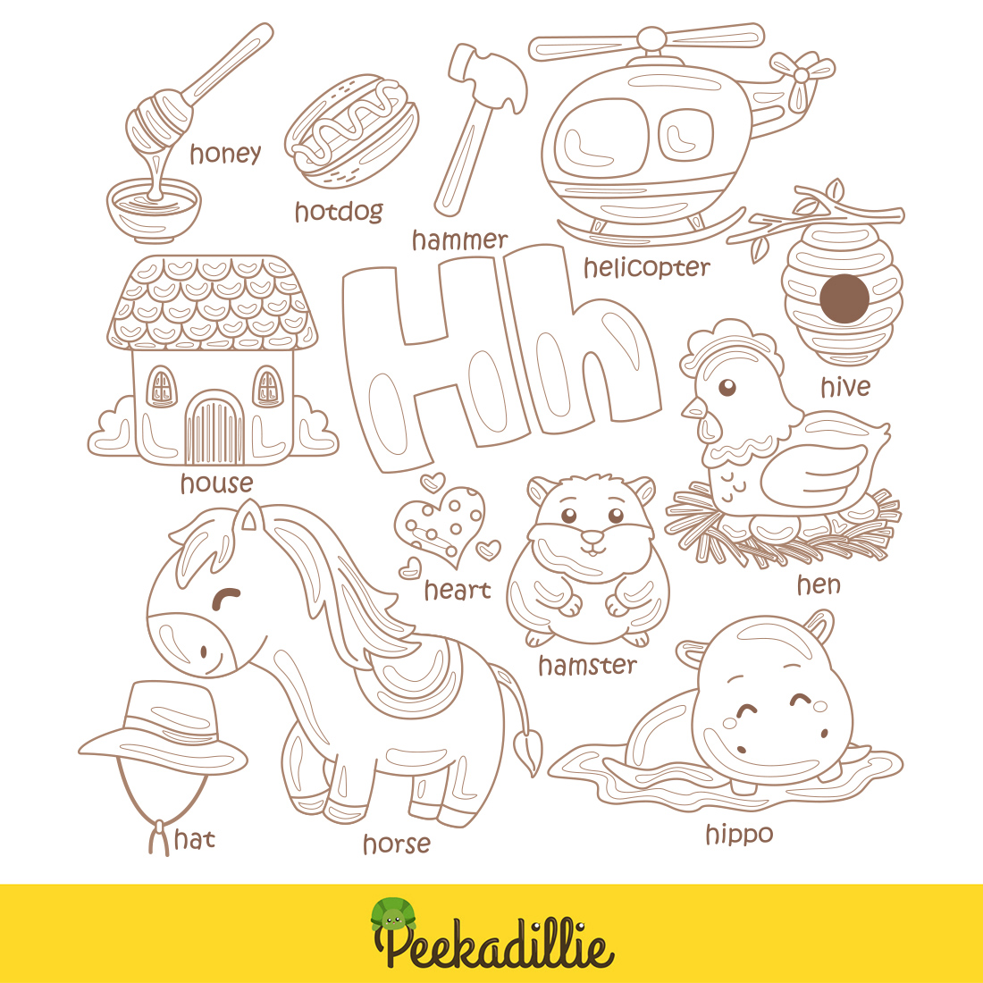 Alphabet H For Vocabulary School Letter Reading Writing Font Study Learning Student Toodler Kids Hive Hamster Heart Honey Horse House Hat Hotdog Hippo Helicopter Hen Cartoon Digital Stamp Outline preview image.