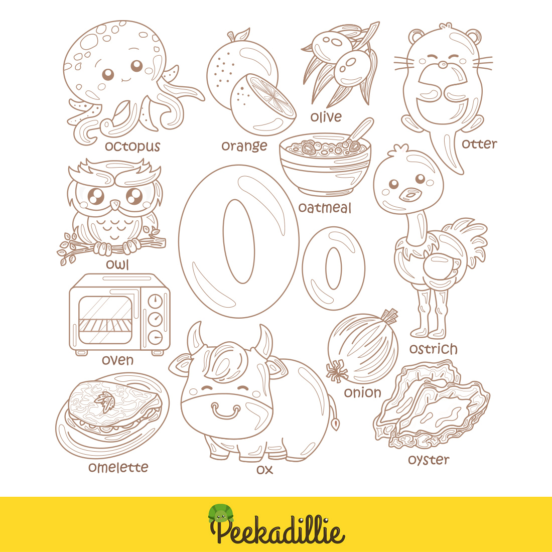 Alphabet O For Vocabulary School Letter Reading Writing Font Study Learning Student Toodler Kids Cartoon Orange Octopus Owl Oven Ox Olive Otter Oyster Onion Oatmeal Ostrich Omelette Digital Stamp Outline Black and White preview image.