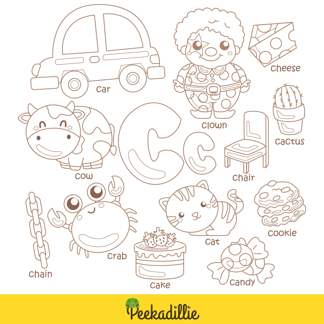 Alphabet C For Vocabulary School Letter Reading Writing Font Study Learning Student Toodler Kids Car Crab Cake Clown Cookie Cow Cactus Cheese Candy Chain Chair Cat Cartoon Digital Stamp Outline preview image.