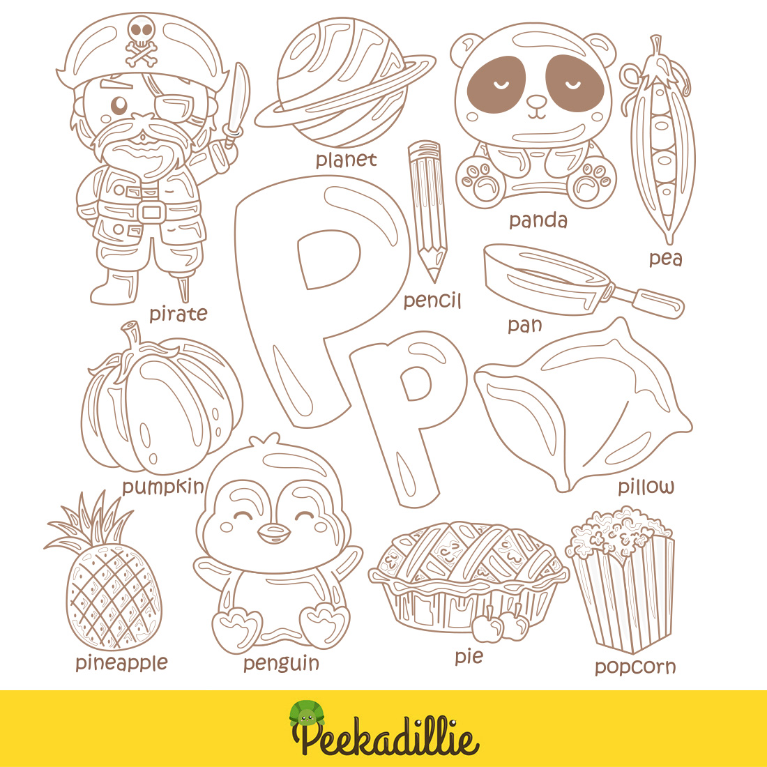 Alphabet P For Vocabulary School Letter Reading Writing Font Study Learning Student Toodler Kids Cartoon Pirate Planet Pumpkin Pineapple Penguin Pie Popcorn Pencil Pillow Panda Pea Pan Digital Stamp Outline Black and White preview image.