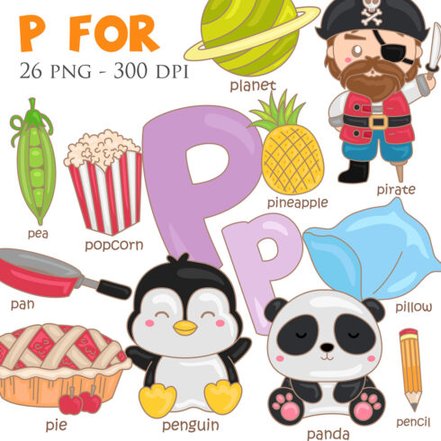 Alphabet P For Vocabulary School Letter Reading Writing Font Study Learning Student Toodler Kids Cartoon Pirate Planet Pumpkin Pineapple Penguin Pie Popcorn Pencil Pillow Panda Pea Pan Illustration Vector Clipart cover image.