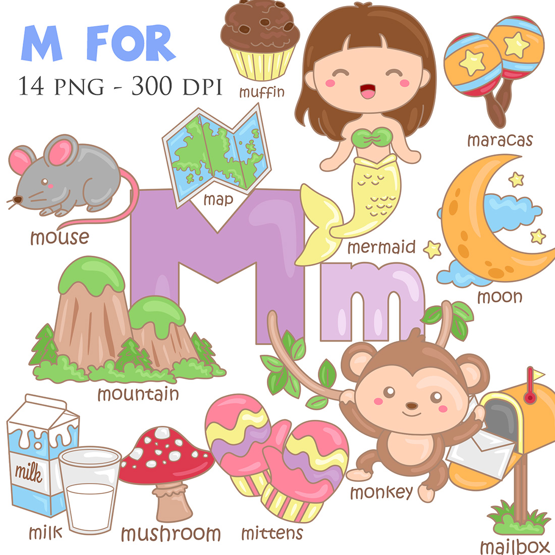 Alphabet M For Vocabulary School Letter Reading Writing Font Study Learning Student Toodler Kids Cartoon Mouse Monkey Mermaid Mountain Milk Mushroom Mittens Mailbox Moon Maracas Muffin Map Illustration Vector Clipart cover image.