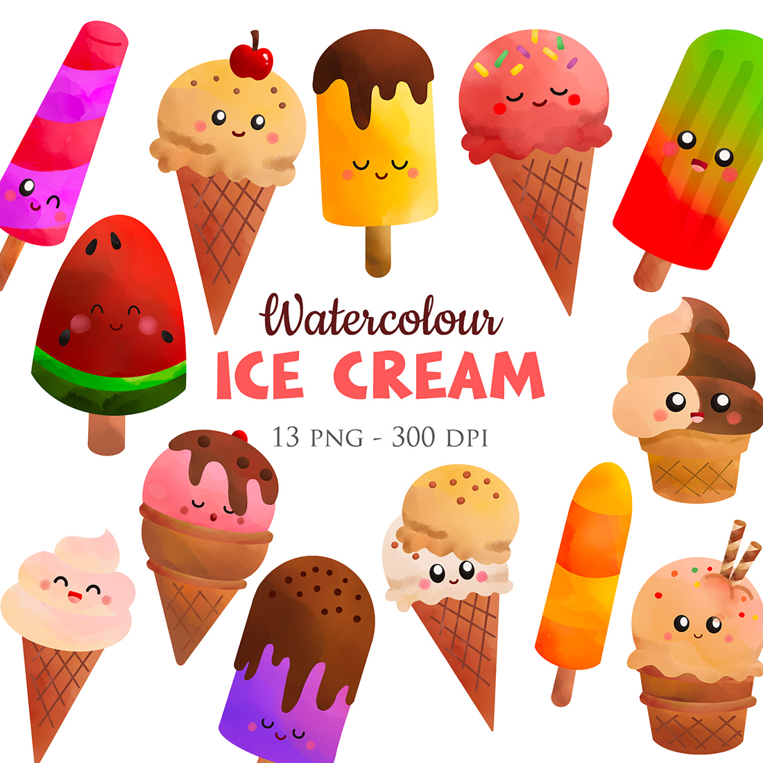 Cute Colorful Watercolour Ice Cream Cone Scoop Dessert Snack Flavored Chocolate Strawberry Fruits Lollipop Illustration Vector Clipart Cartoon cover image.
