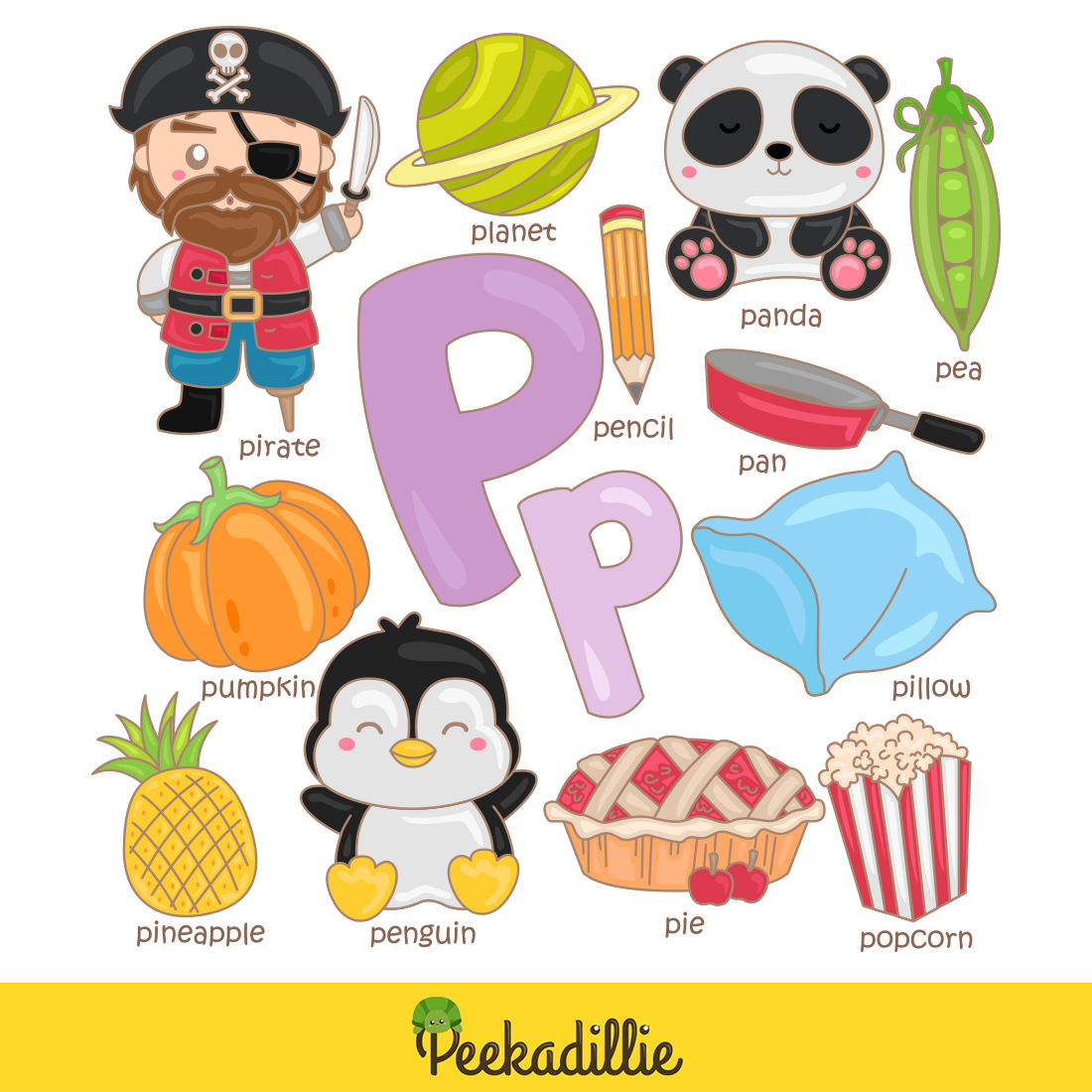 Alphabet P For Vocabulary School Letter Reading Writing Font Study Learning Student Toodler Kids Cartoon Pirate Planet Pumpkin Pineapple Penguin Pie Popcorn Pencil Pillow Panda Pea Pan Illustration Vector Clipart preview image.