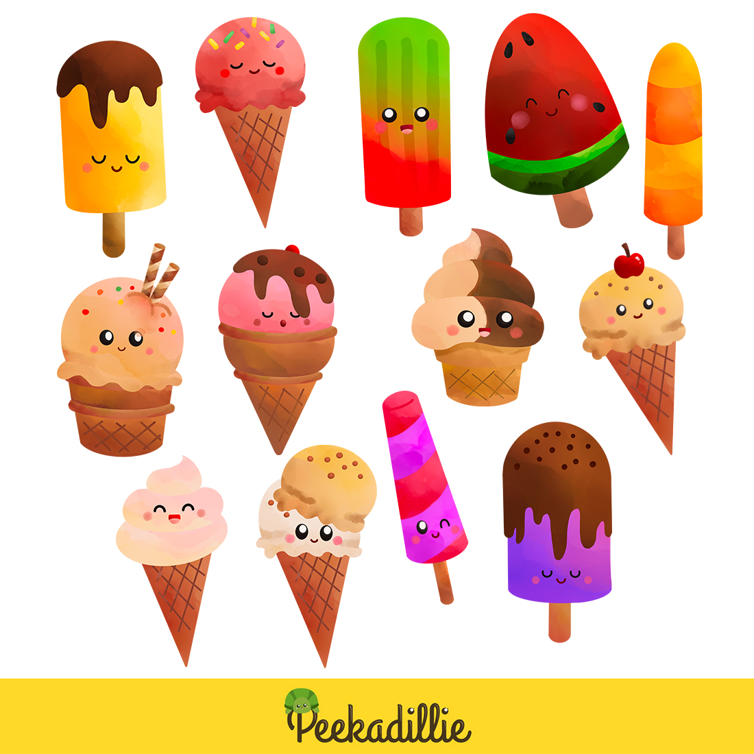 Cute Colorful Watercolour Ice Cream Cone Scoop Dessert Snack Flavored Chocolate Strawberry Fruits Lollipop Illustration Vector Clipart Cartoon preview image.