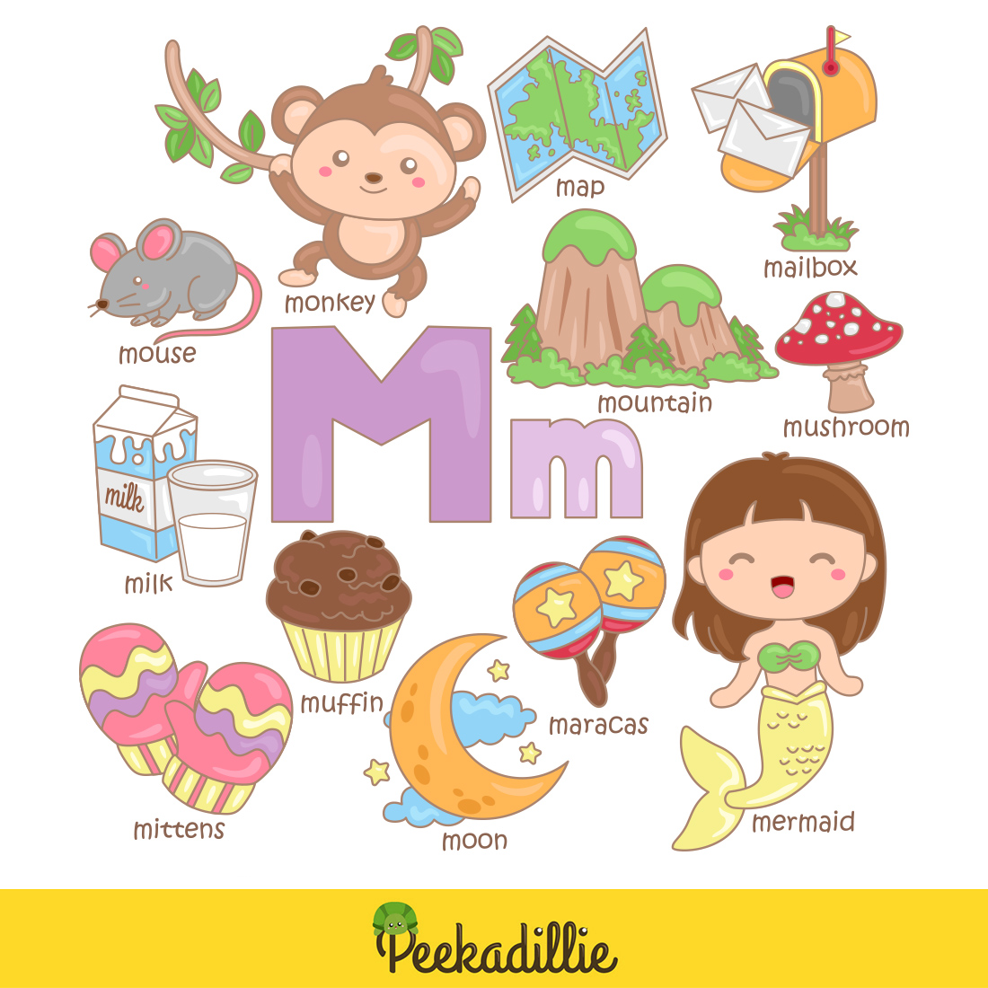 Alphabet M For Vocabulary School Letter Reading Writing Font Study Learning Student Toodler Kids Cartoon Mouse Monkey Mermaid Mountain Milk Mushroom Mittens Mailbox Moon Maracas Muffin Map Illustration Vector Clipart preview image.
