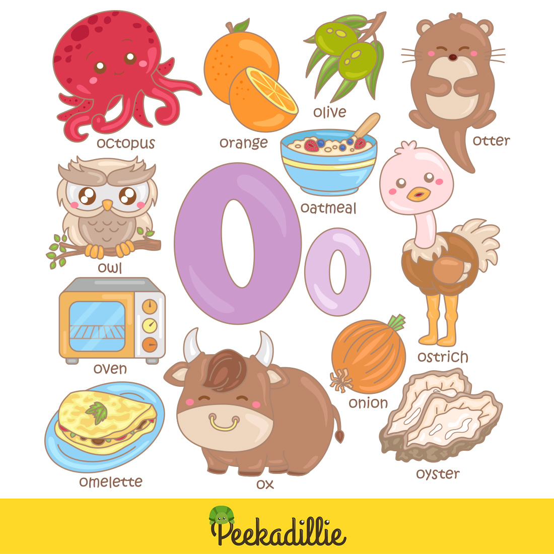 Alphabet O For Vocabulary School Letter Reading Writing Font Study Learning Student Toodler Kids Cartoon Orange Octopus Owl Oven Ox Olive Otter Oyster Onion Oatmeal Ostrich Omelette Illustration Vector Clipart preview image.