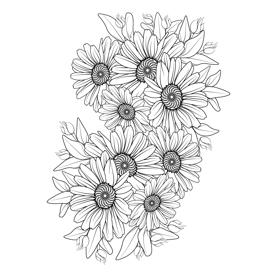 Daisy flower coloring pages, daisy flower bouquet tattoo, small daisy tattoo, preview image.