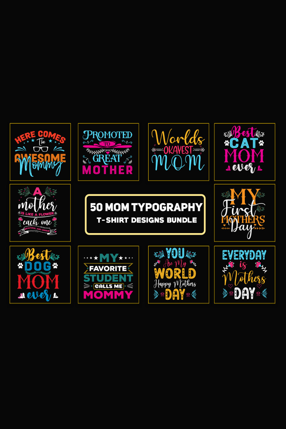 Mom Typography T-Shirt Designs Bundle pinterest preview image.