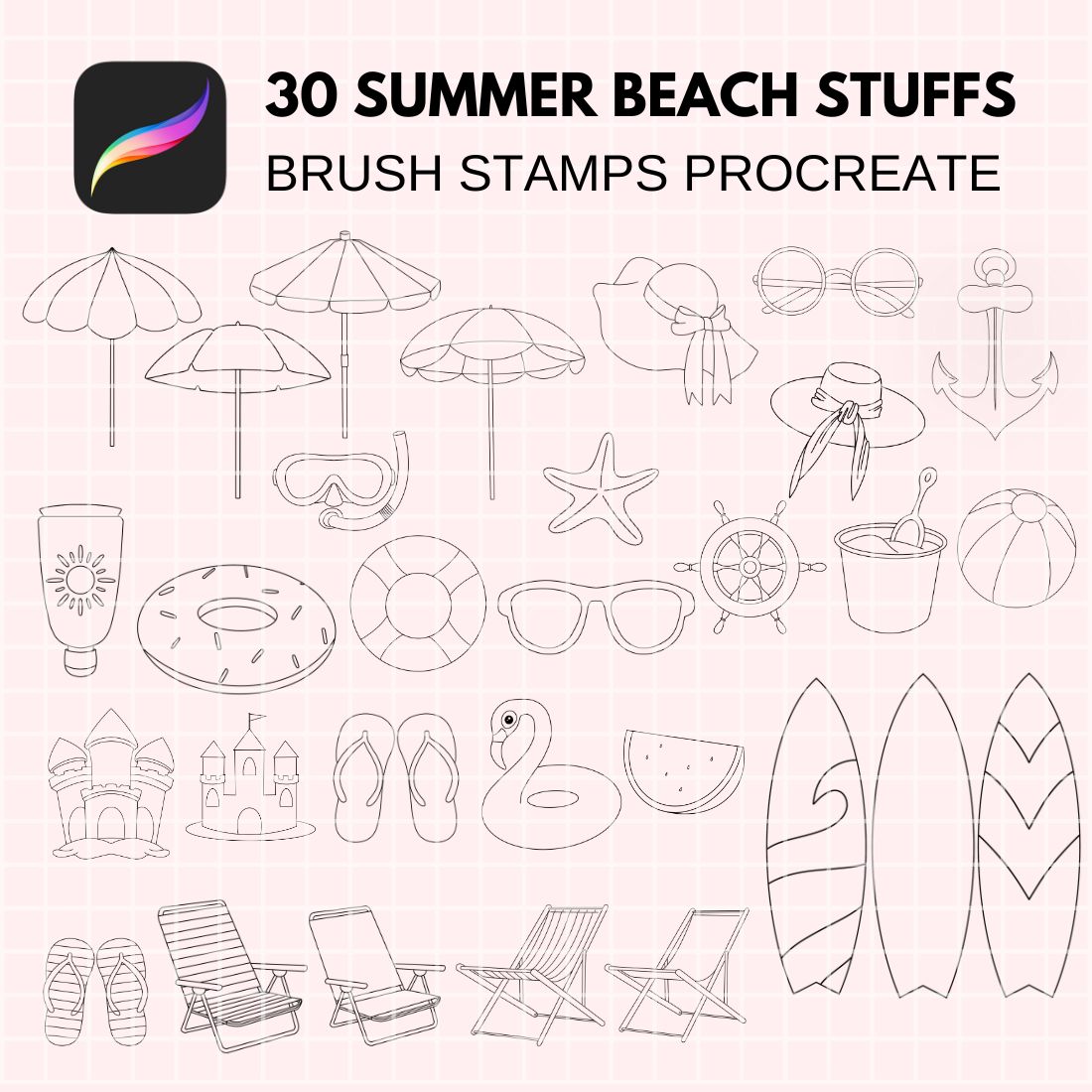 30 Summer Beach Stuff Procreate Stamps preview image.