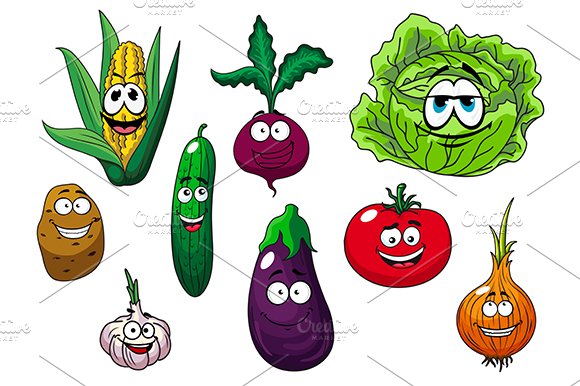 Fresh tasty cartoon vegetables cover image.