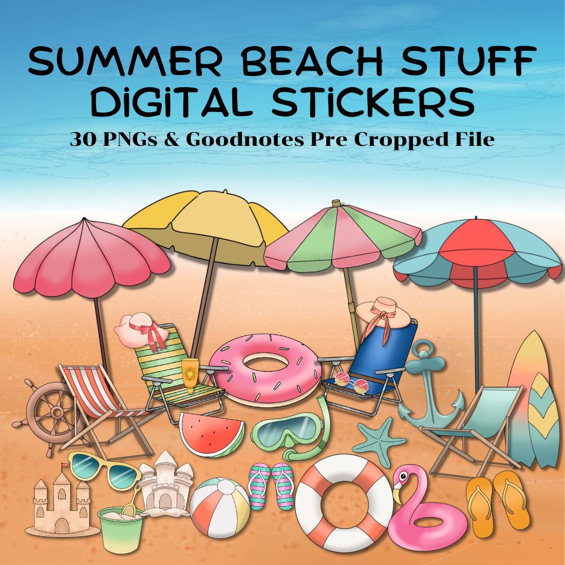 Summer Beach Stuff Digital Stickers - Goodnotes Pre Cropped file & PNG cover image.