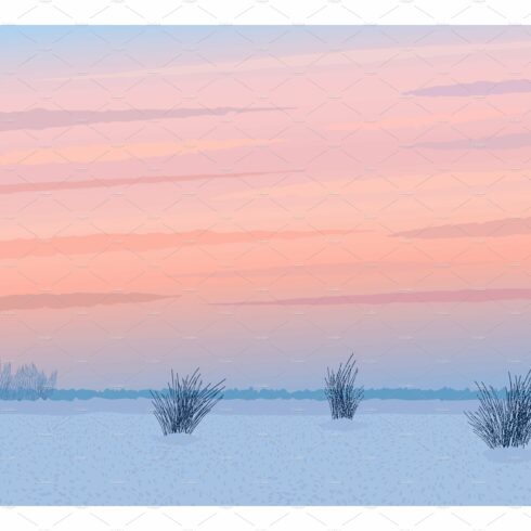 Winter landscape pink sunset. cover image.