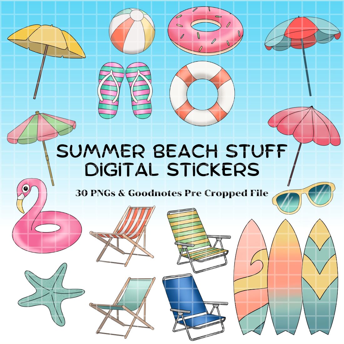 Summer Beach Stuff Digital Stickers - Goodnotes Pre Cropped file & PNG preview image.