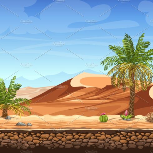Palm trees in desert cover image.