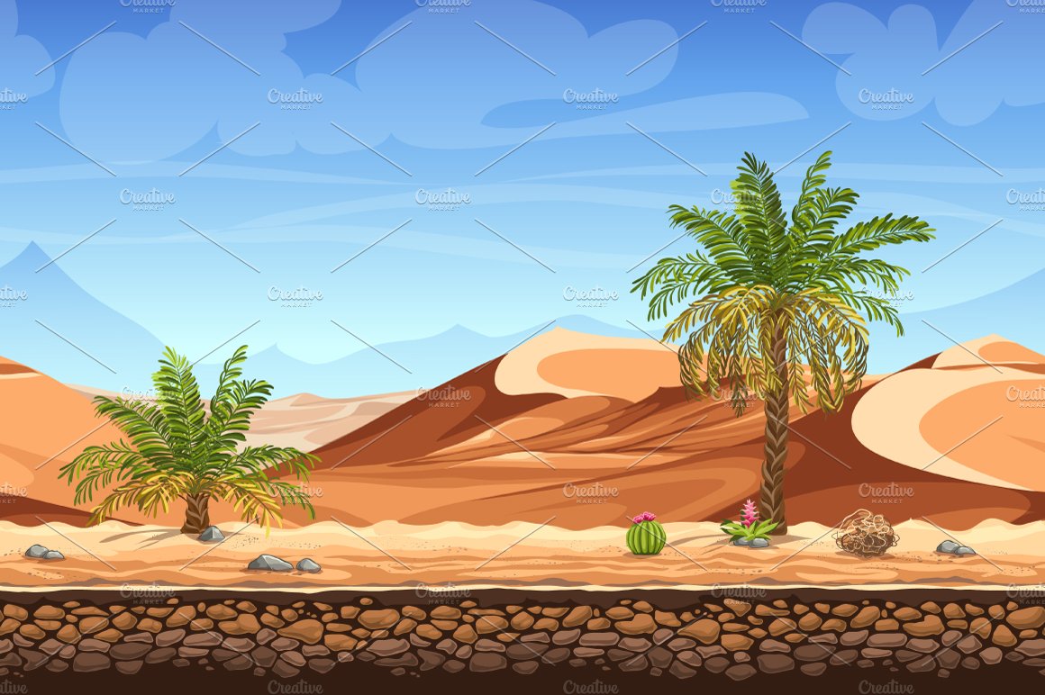 Palm trees in desert cover image.