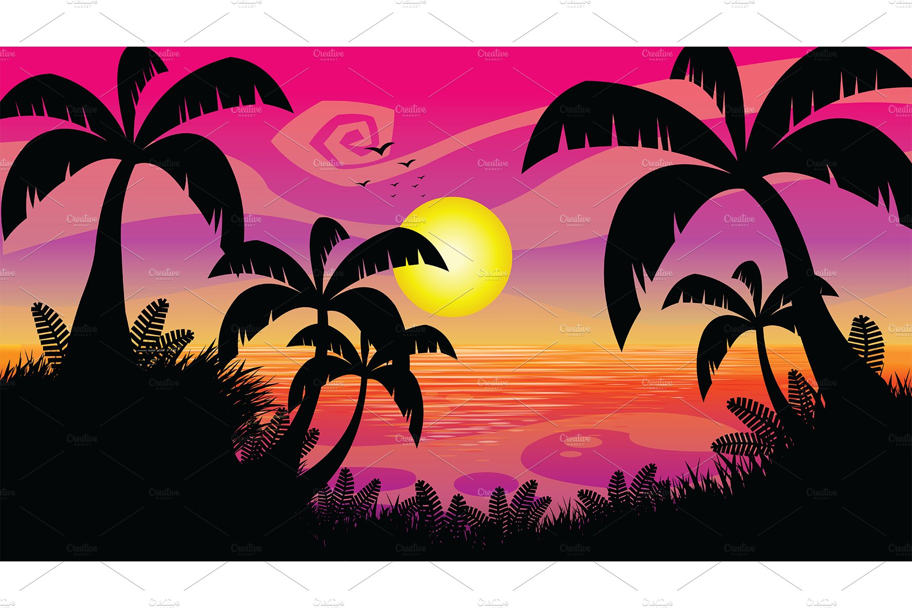 Pink Sunset Cartoon Flat Design cover image.