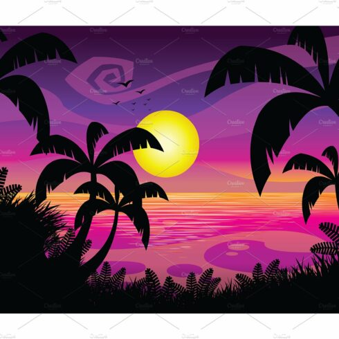 Purple Sunset Cartoon Flat Design cover image.