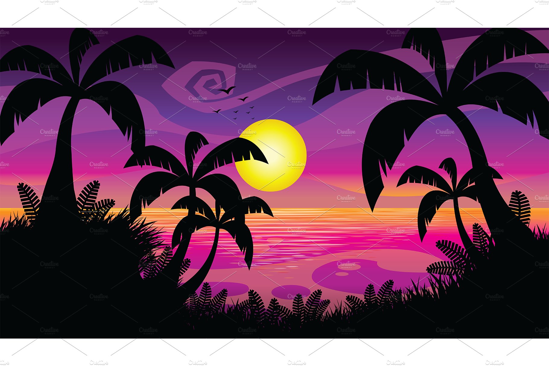 Purple Sunset Cartoon Flat Design cover image.