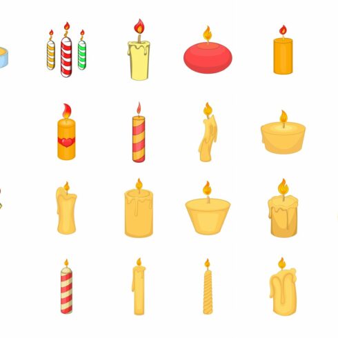 Candle icon set, cartoon style cover image.