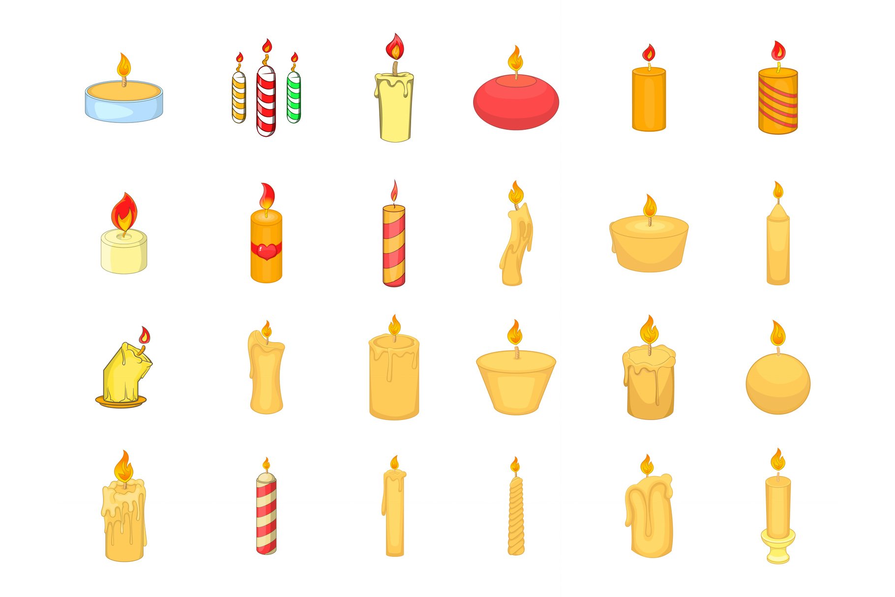 Candle icon set, cartoon style cover image.