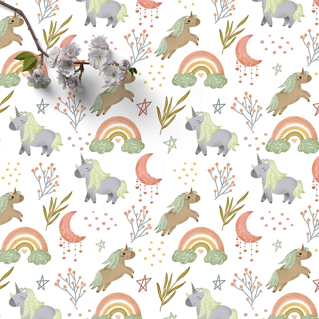 "Magical" unicorn & rainbow seamless patterns preview image.