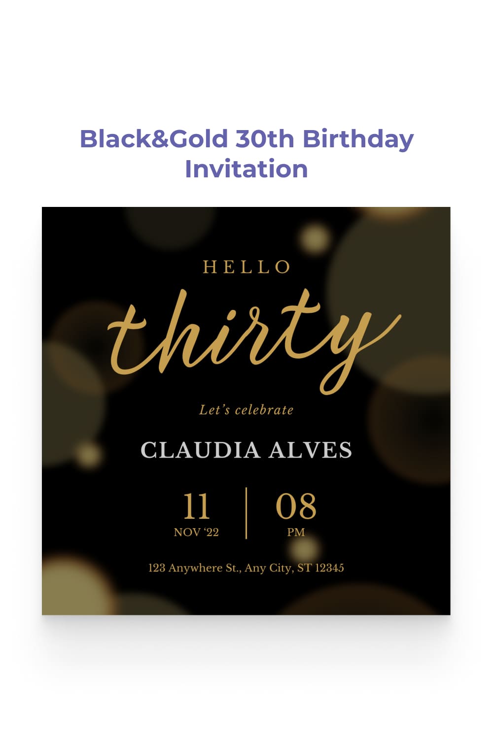 Birthday invitation with dark background and golden accents.